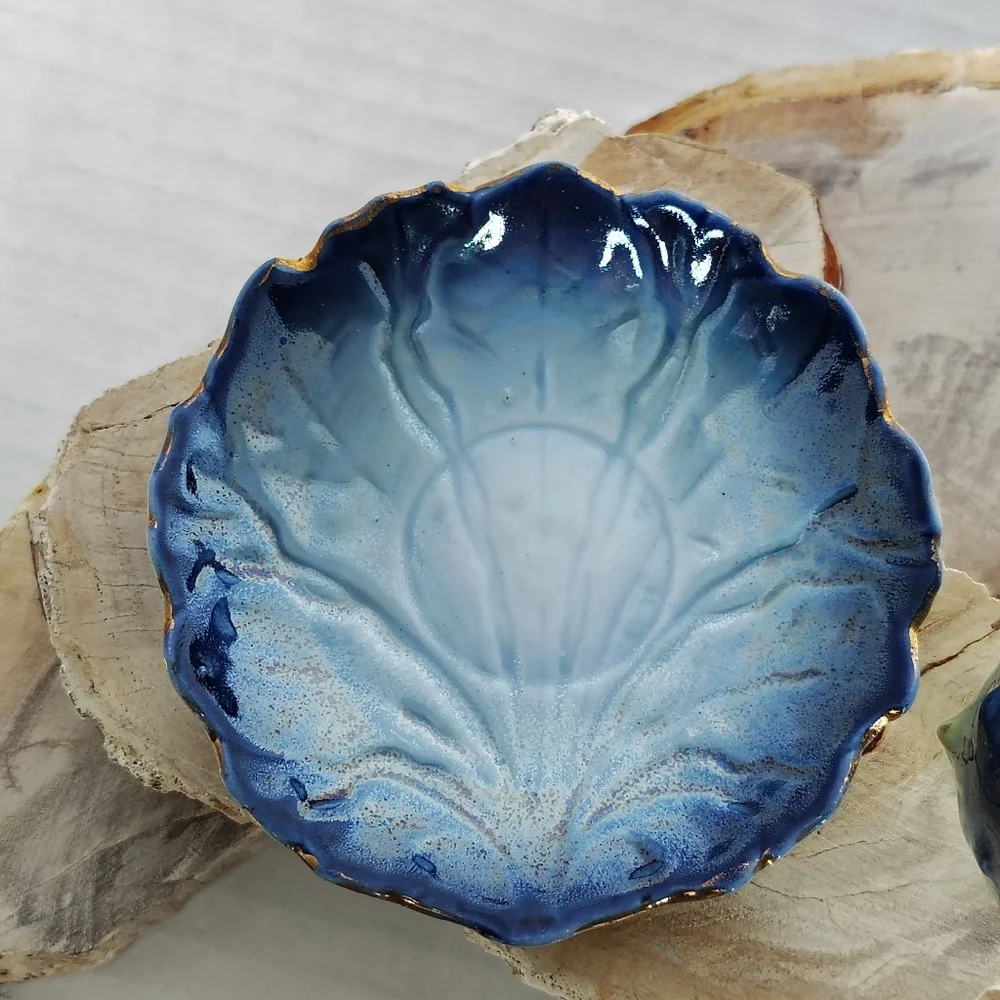 Miniature Ruffle Edge Tea Cup Saucer Blue Seaweed Yellow Gold Gilded Blowfish